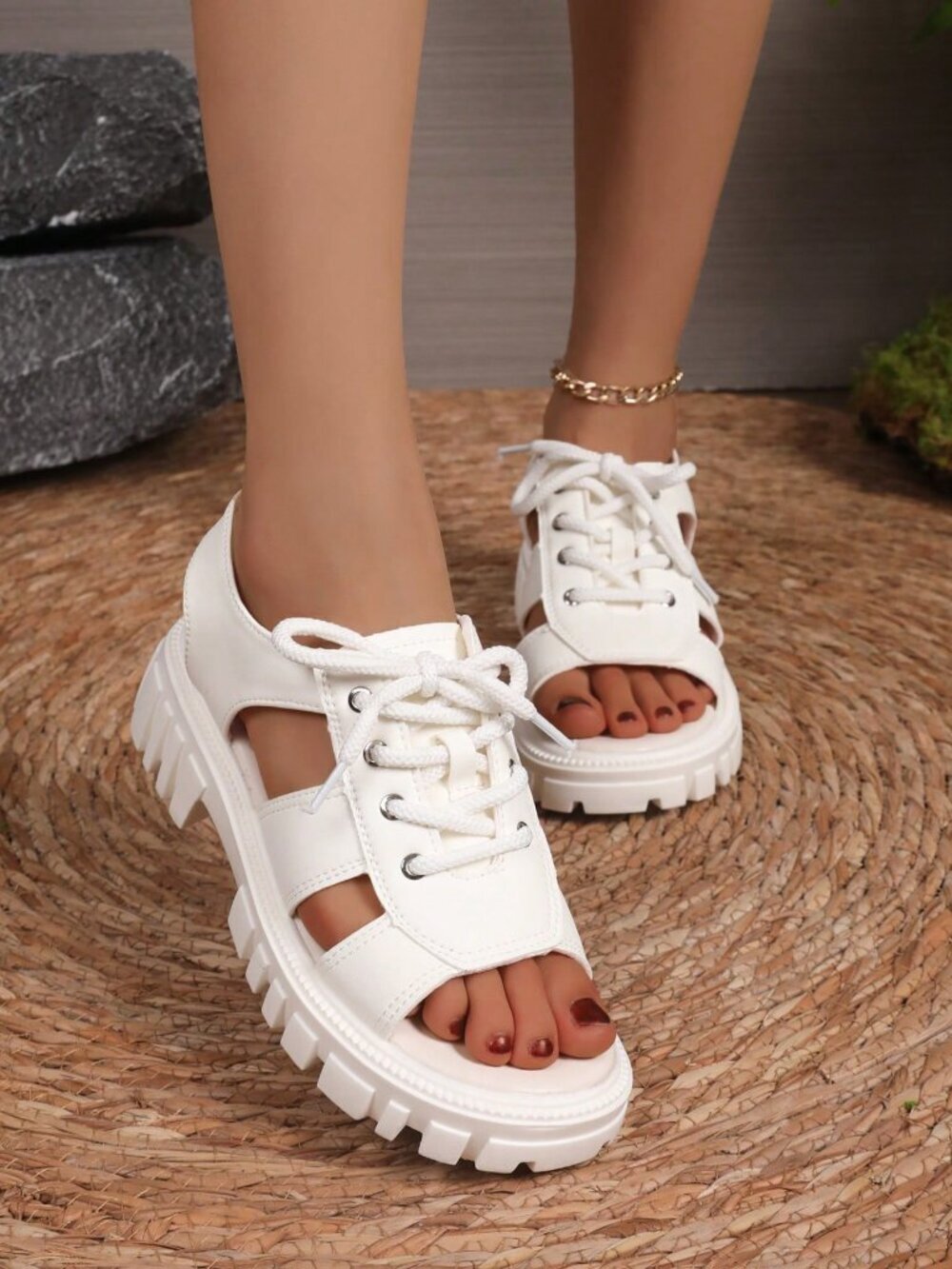 White Fashionable Women's Platform Thick Bottom Sandals, Classic Strap Sandals